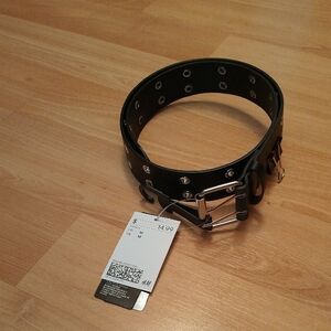 H&M Black Studded Faux Leather Belt with Silver Buckle